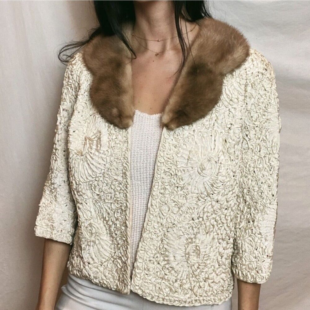 Stunning 1950s Ribbon Embroidered Shell And Mink Trim Jacket.